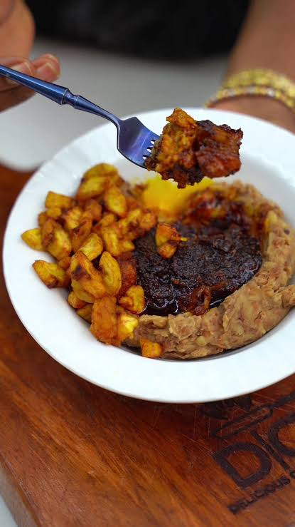 Ewa agoyin, plantain, egg & beef in sauce